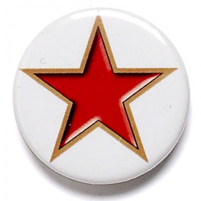 WHITE CIRCULAR 25MM FLAT PIN  BADGE WITH  RED STAR 